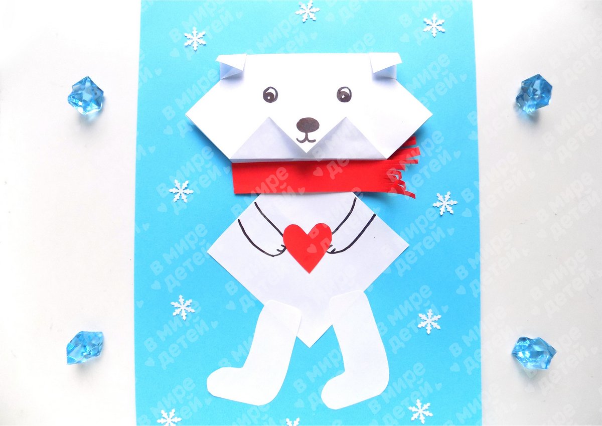 Аппликация из бумаги в стиле оригами «Белый медвежонок»